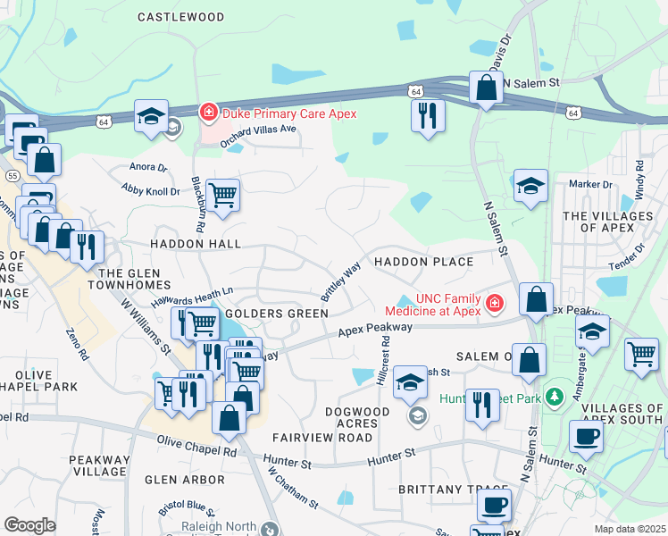 map of restaurants, bars, coffee shops, grocery stores, and more near 802 Haddon Hall Drive in Apex
