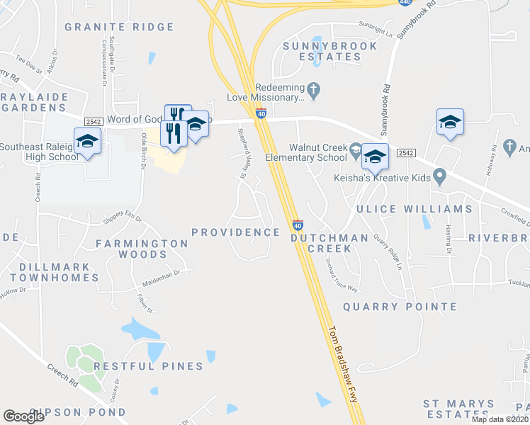 map of restaurants, bars, coffee shops, grocery stores, and more near 2528 Follow Me Way in Raleigh