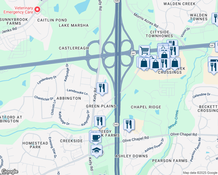 map of restaurants, bars, coffee shops, grocery stores, and more near 2229 Chattering Lory Lane in Apex