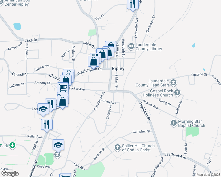 map of restaurants, bars, coffee shops, grocery stores, and more near 154 South Main Street in Ripley