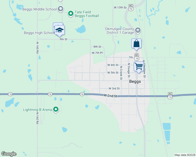 map of restaurants, bars, coffee shops, grocery stores, and more near 602 West 5th Street in Beggs
