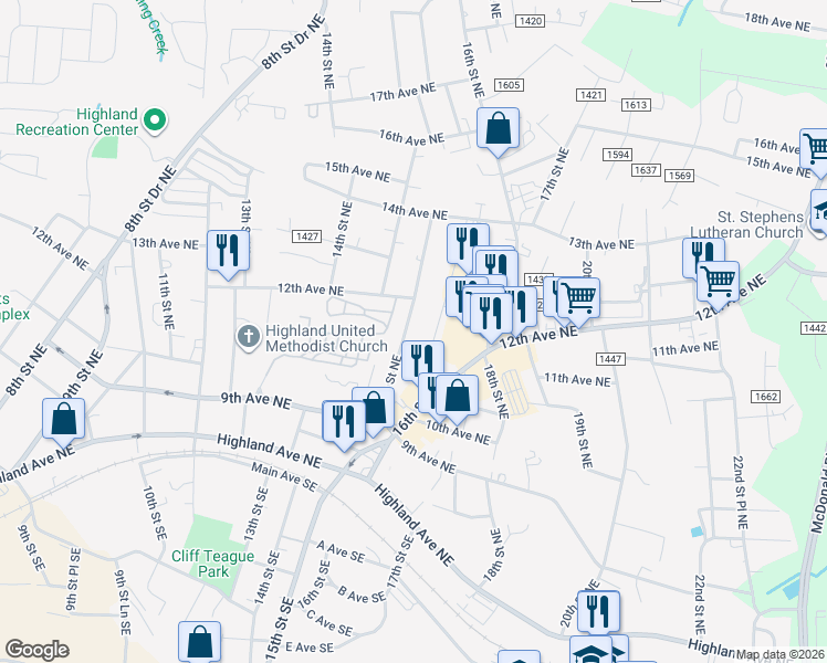 map of restaurants, bars, coffee shops, grocery stores, and more near 1128 15th Street Northeast in Hickory