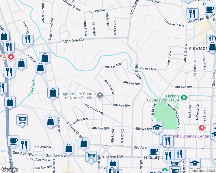 map of restaurants, bars, coffee shops, grocery stores, and more near 747 8th Street Drive Northwest in Hickory