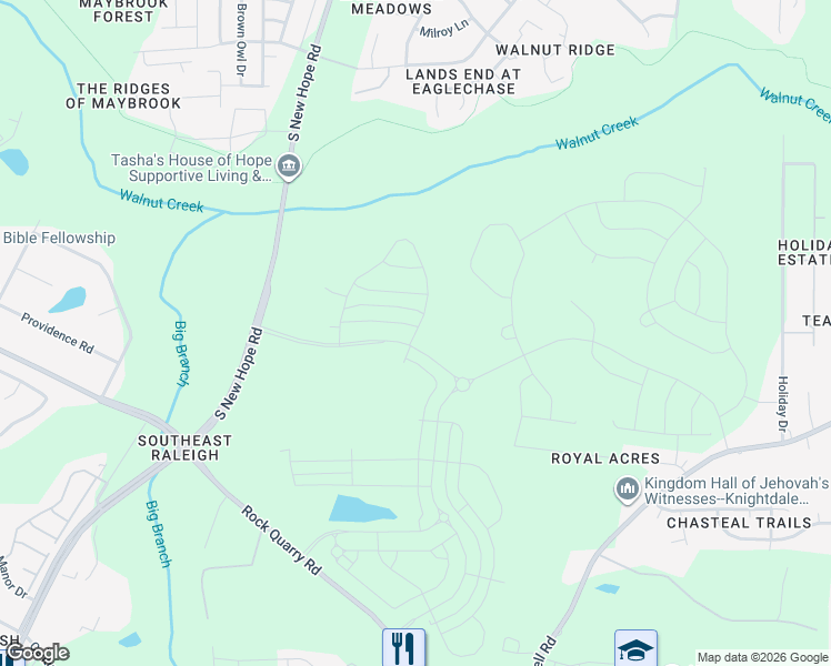 map of restaurants, bars, coffee shops, grocery stores, and more near 5205 Rock Quarry Road in Raleigh