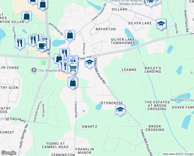 map of restaurants, bars, coffee shops, grocery stores, and more near 6125 Yates Mill Pond Road in Raleigh
