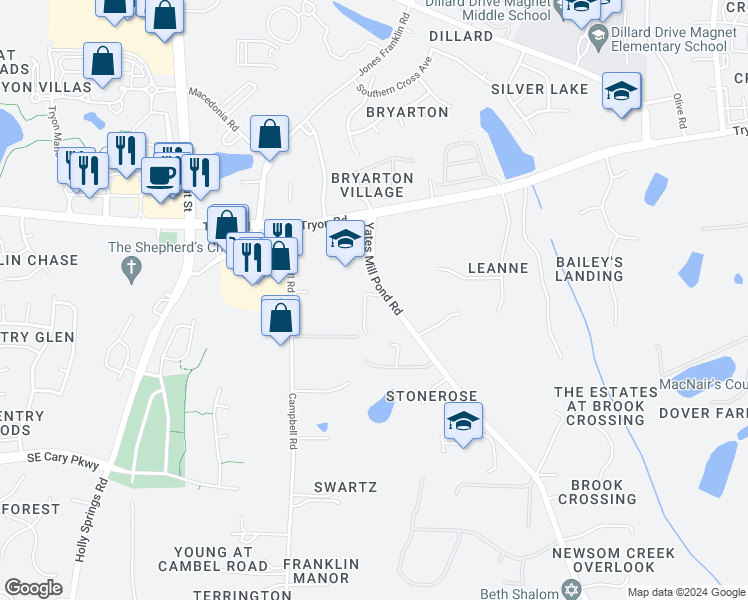 map of restaurants, bars, coffee shops, grocery stores, and more near 6125 Yates Mill Pond Road in Raleigh