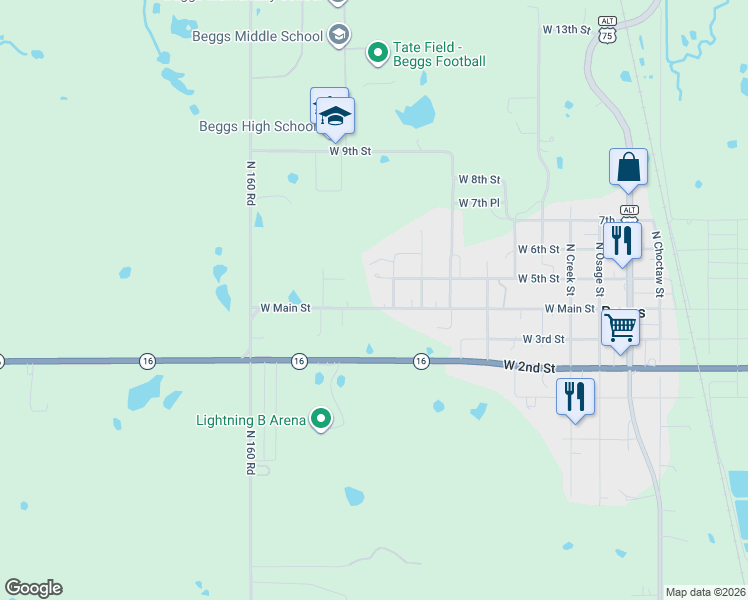 map of restaurants, bars, coffee shops, grocery stores, and more near 907 Main Street in Beggs