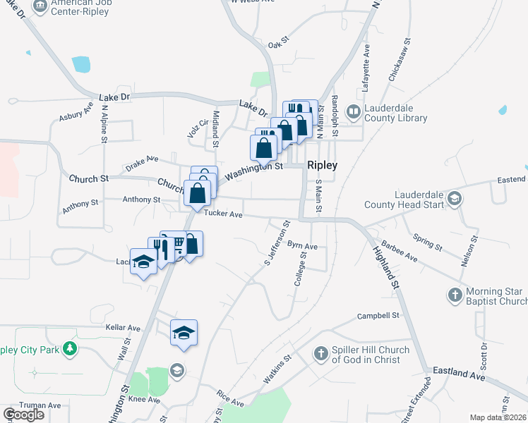 map of restaurants, bars, coffee shops, grocery stores, and more near 140 Church Street in Ripley