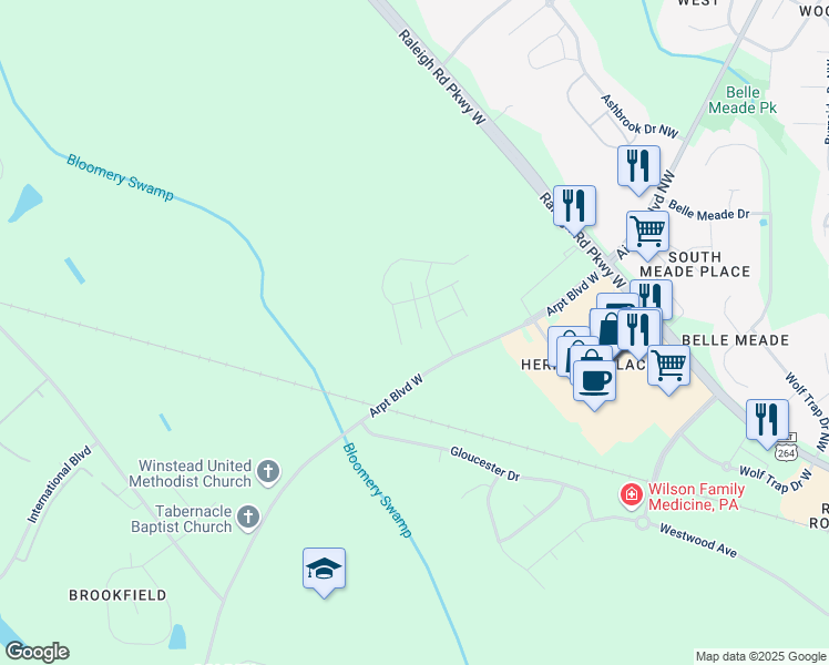 map of restaurants, bars, coffee shops, grocery stores, and more near 3703 Cessna Way in Wilson