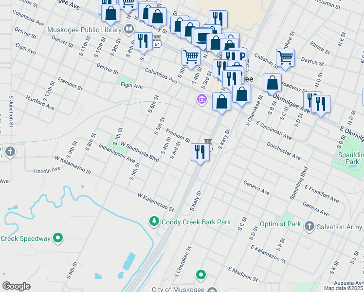 map of restaurants, bars, coffee shops, grocery stores, and more near 616 South 3rd Street in Muskogee