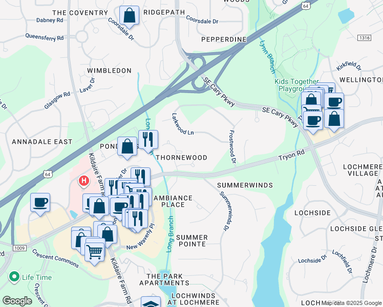 map of restaurants, bars, coffee shops, grocery stores, and more near 109 Waxwood Lane in Cary