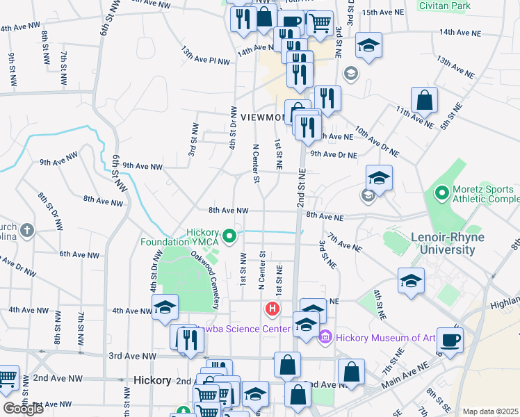 map of restaurants, bars, coffee shops, grocery stores, and more near 24 8th Avenue Northwest in Hickory