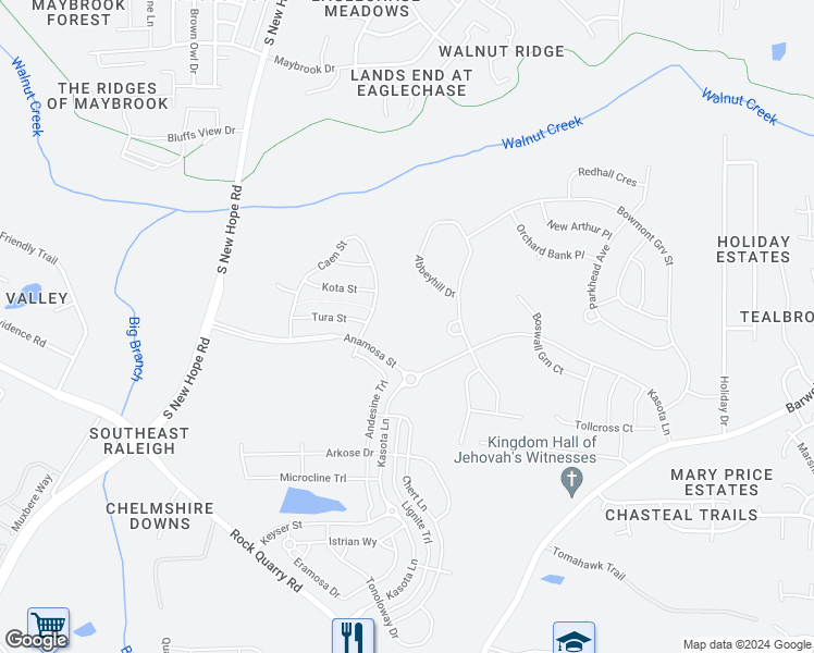 map of restaurants, bars, coffee shops, grocery stores, and more near 5205 Rock Quarry Road in Raleigh