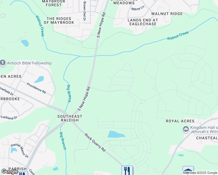map of restaurants, bars, coffee shops, grocery stores, and more near South New Hope Road in Raleigh