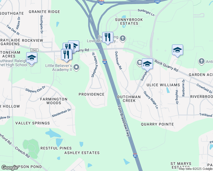 map of restaurants, bars, coffee shops, grocery stores, and more near 2707 Benevolence Drive in Raleigh