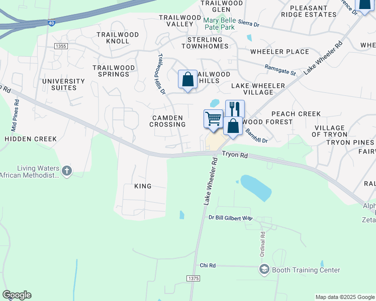 map of restaurants, bars, coffee shops, grocery stores, and more near 2906 Трион-роуд in Raleigh