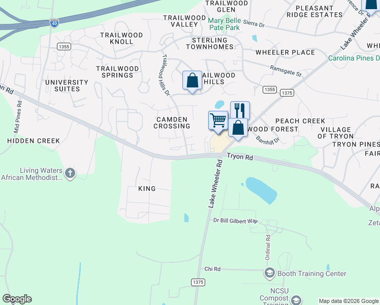 map of restaurants, bars, coffee shops, grocery stores, and more near 2906 Трион-роуд in Raleigh