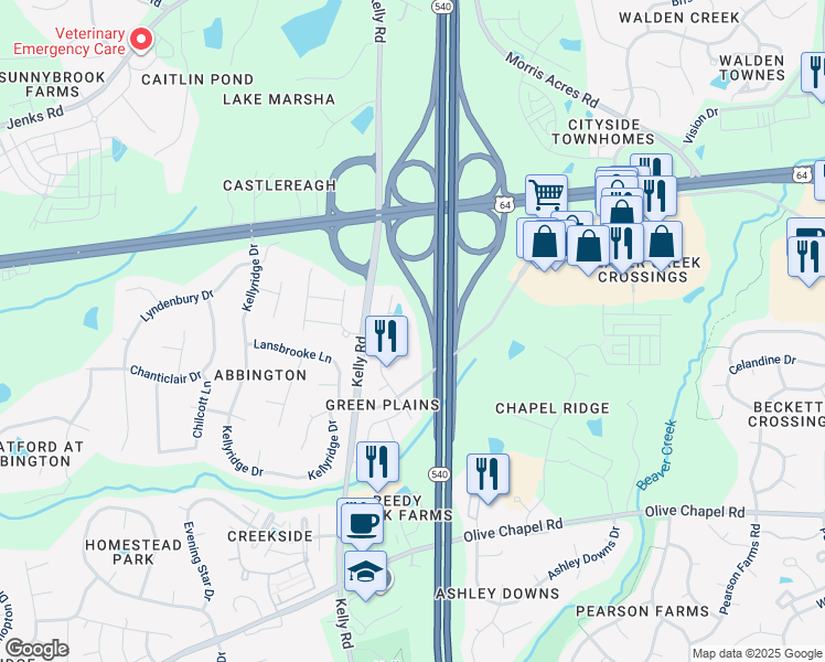 map of restaurants, bars, coffee shops, grocery stores, and more near 2229 Chattering Lory Lane in Apex