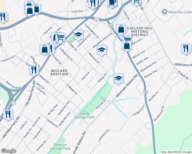 map of restaurants, bars, coffee shops, grocery stores, and more near 600 South Cedar Street in Maryville