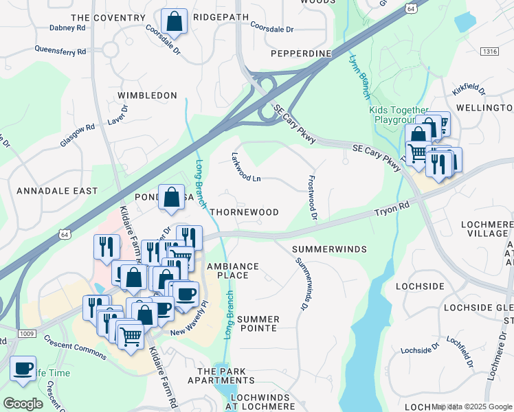 map of restaurants, bars, coffee shops, grocery stores, and more near 109 Waxwood Lane in Cary