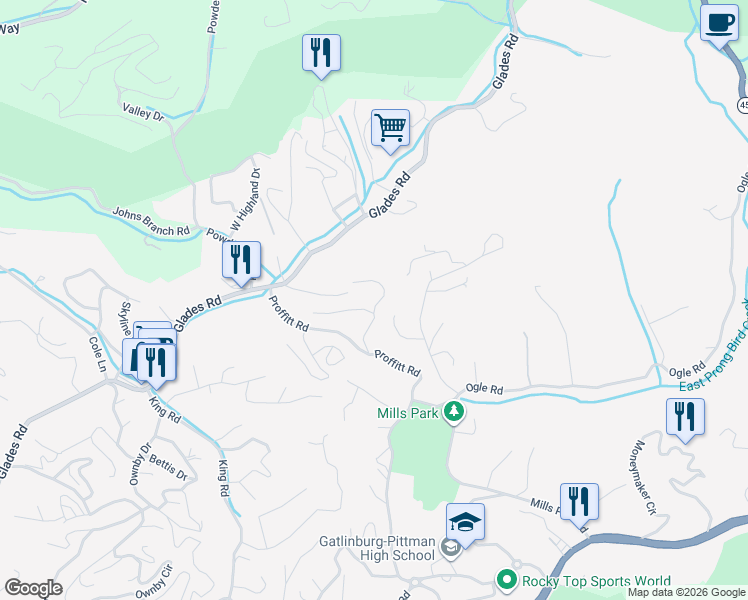map of restaurants, bars, coffee shops, grocery stores, and more near 415 Potters Ridge Rd in Gatlinburg