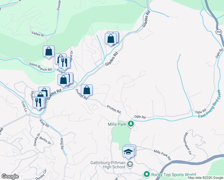 map of restaurants, bars, coffee shops, grocery stores, and more near 415 Potters Ridge Rd in Gatlinburg
