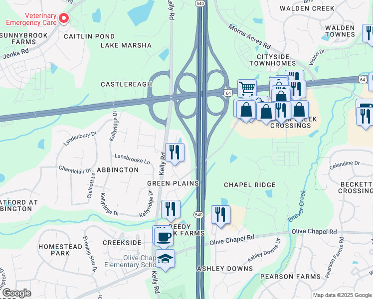 map of restaurants, bars, coffee shops, grocery stores, and more near 2229 Chattering Lory Lane in Apex