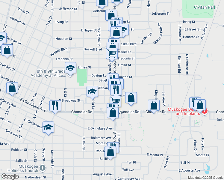map of restaurants, bars, coffee shops, grocery stores, and more near 2306 Callahan Street in Muskogee