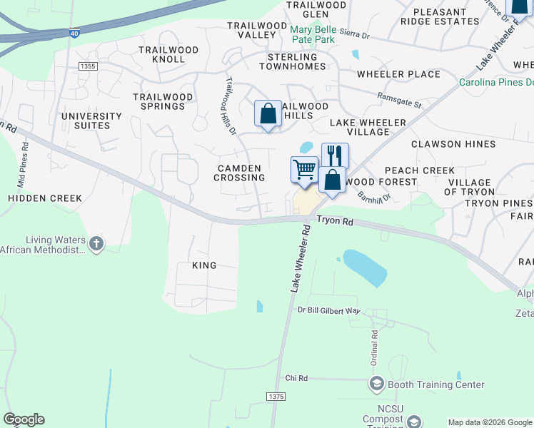 map of restaurants, bars, coffee shops, grocery stores, and more near 2906 Трион-роуд in Raleigh