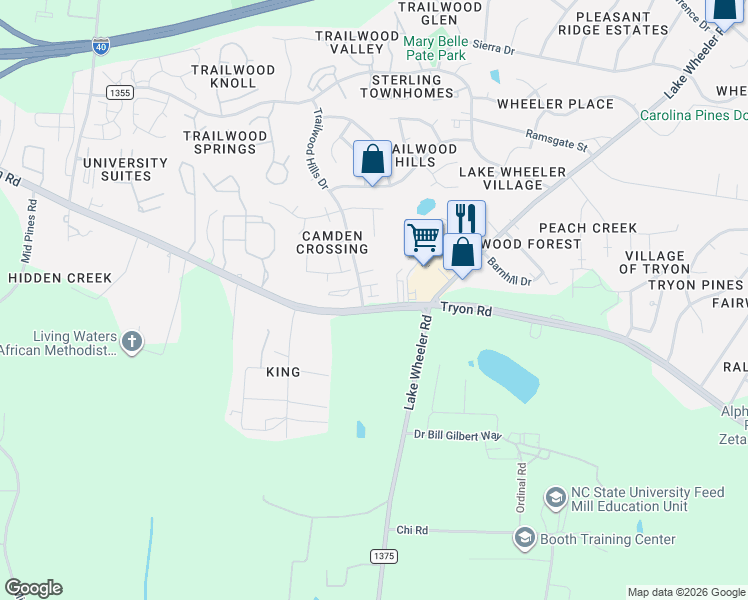 map of restaurants, bars, coffee shops, grocery stores, and more near 2906 Трион-роуд in Raleigh
