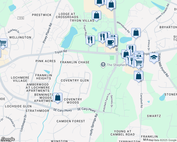 map of restaurants, bars, coffee shops, grocery stores, and more near 103 Longbridge Drive in Cary