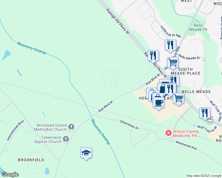 map of restaurants, bars, coffee shops, grocery stores, and more near 3703 Cessna Way in Wilson