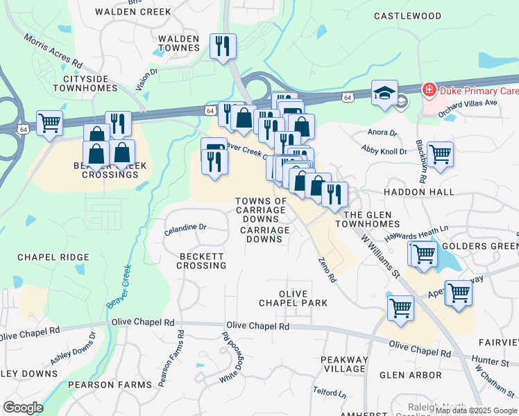map of restaurants, bars, coffee shops, grocery stores, and more near 104 Galimore Way in Apex