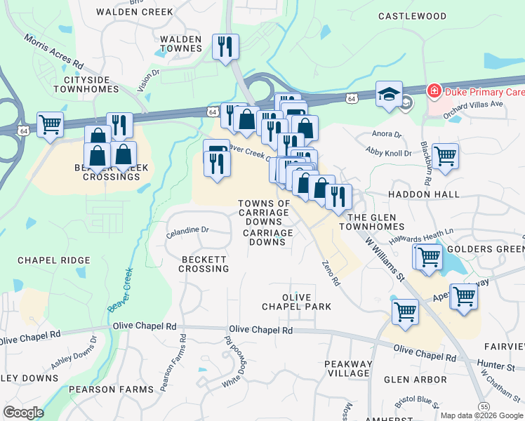 map of restaurants, bars, coffee shops, grocery stores, and more near 104 Galimore Way in Apex