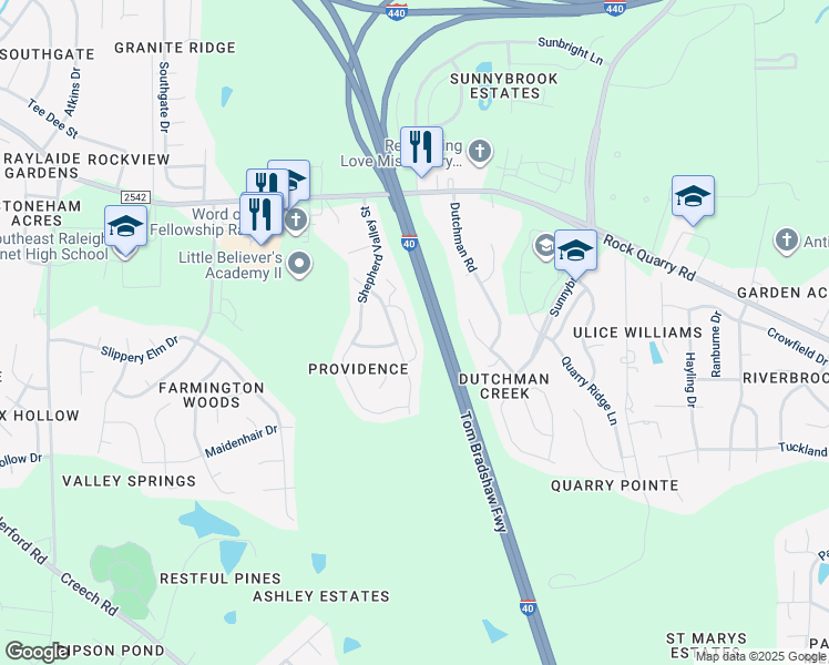 map of restaurants, bars, coffee shops, grocery stores, and more near 2803 Benevolence Drive in Raleigh
