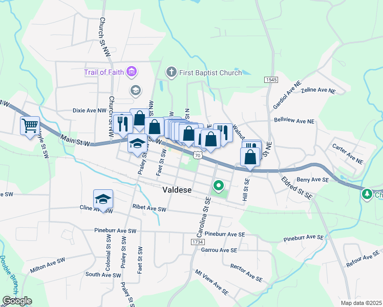 map of restaurants, bars, coffee shops, grocery stores, and more near 149 Main Street East in Valdese