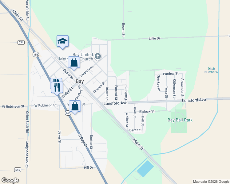 map of restaurants, bars, coffee shops, grocery stores, and more near 204 Harris Street in Bay