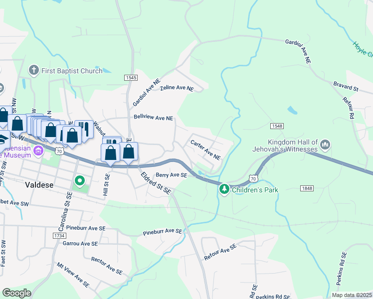 map of restaurants, bars, coffee shops, grocery stores, and more near 301 White Street Northeast in Valdese
