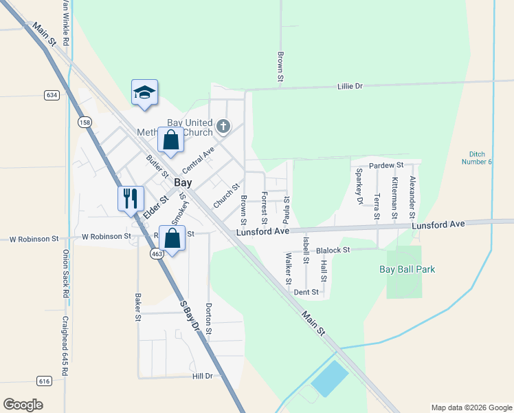 map of restaurants, bars, coffee shops, grocery stores, and more near 204 Harris Street in Bay