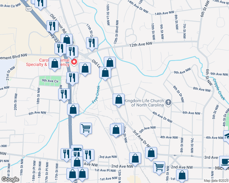 map of restaurants, bars, coffee shops, grocery stores, and more near 724 11th Street Northwest in Hickory