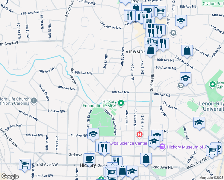 map of restaurants, bars, coffee shops, grocery stores, and more near 218 8th Avenue Northwest in Hickory