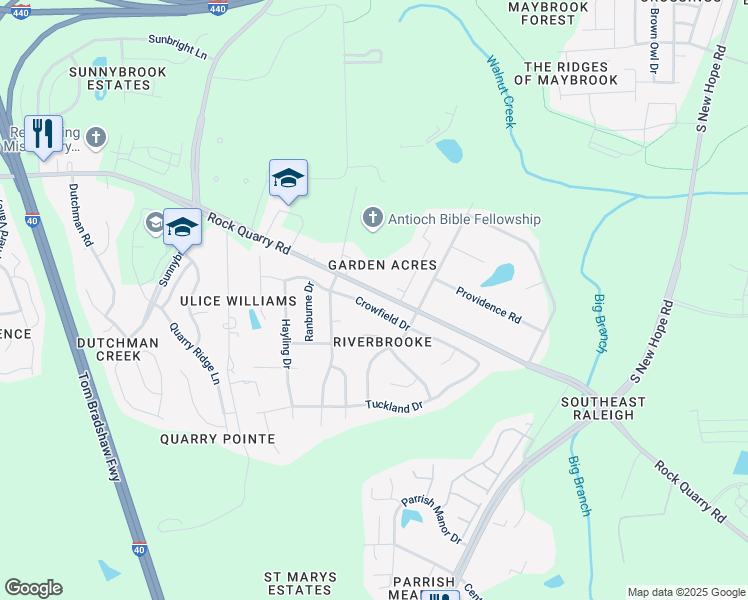 map of restaurants, bars, coffee shops, grocery stores, and more near 4121 Crowfield Drive in Raleigh