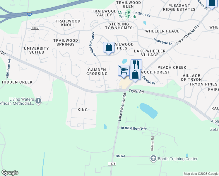 map of restaurants, bars, coffee shops, grocery stores, and more near 2906 Трион-роуд in Raleigh