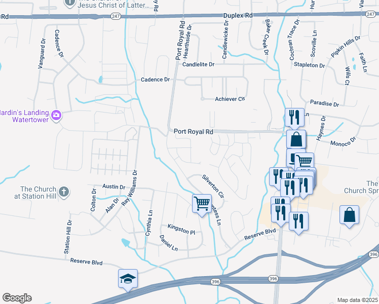 map of restaurants, bars, coffee shops, grocery stores, and more near 5045 Port Royal Road in Spring Hill