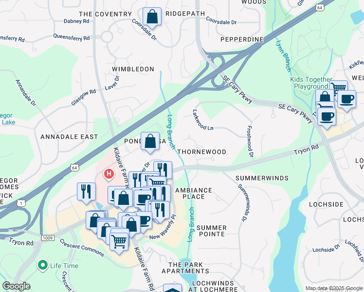 map of restaurants, bars, coffee shops, grocery stores, and more near 117 Thornewood Drive in Cary