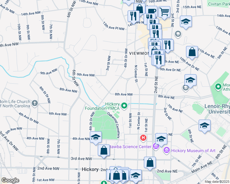 map of restaurants, bars, coffee shops, grocery stores, and more near 218 8th Avenue Northwest in Hickory