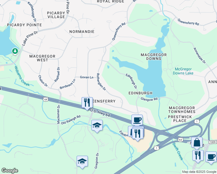 map of restaurants, bars, coffee shops, grocery stores, and more near 403 Rutherglen Drive in Cary