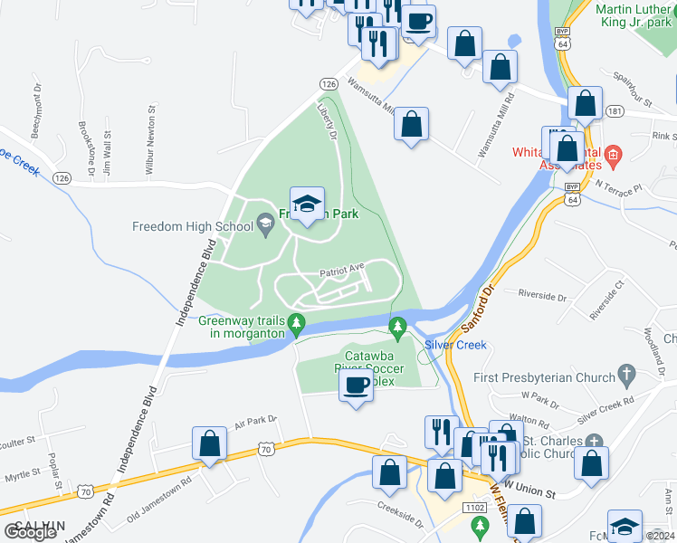 map of restaurants, bars, coffee shops, grocery stores, and more near Patriot Avenue in Morganton