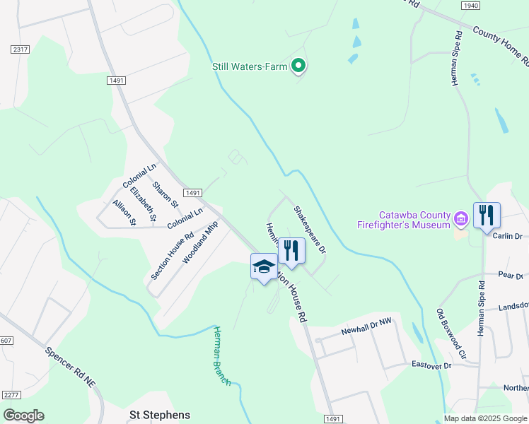 map of restaurants, bars, coffee shops, grocery stores, and more near 4199 Hemingway Drive in Hickory