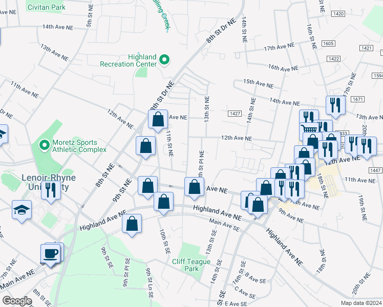 map of restaurants, bars, coffee shops, grocery stores, and more near 1044 12th Street Northeast in Hickory